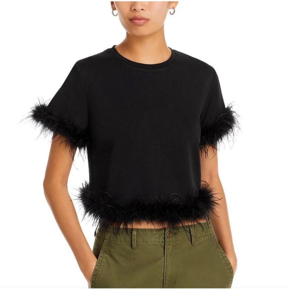 AQUA Feather Trim Short Sleeve Top, Black, Size Small